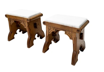 Arts & Crafts Hand-Carved Oak Stools with Boucle Upholstery, 1900s